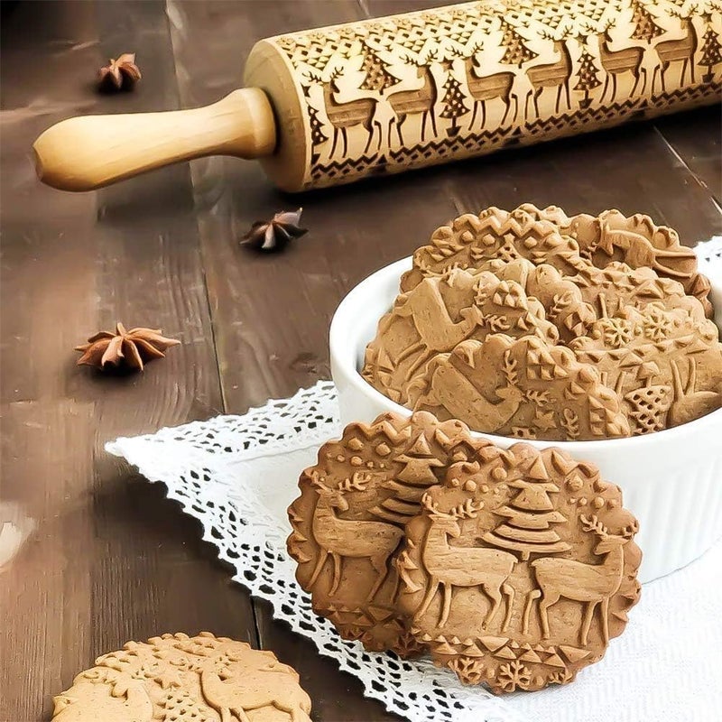 Sthrucrack Christmas Wooden Rolling Pins, Xmas 3D Reindeer Shape Decor Embossing Rolling Pin,Christmas Patterned Rolling Pin Baking Tools (Christmas Reindeer) - Image 1